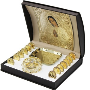 Wedding Unity Coins Decorative Magnetic Display Case - Classic Gold-plated Arras Set - Box Lady of Guadalupe -
