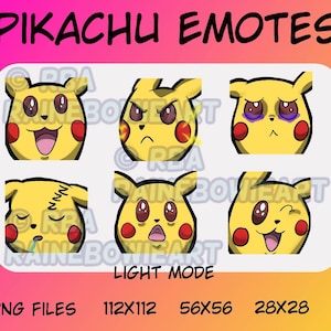 May include: Six different Pikachu emotes in various expressions, including happy, angry, sad, sleepy, surprised, and winking. The emotes are in a grid format with the text "PIKACHU EMOTES" at the top and "LIGHT MODE" below the grid. The text "PNG FILES" is at the bottom left, followed by three sizes: 112X112, 56X56, and 28X28.