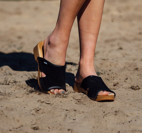 Black wooden sandals best sale