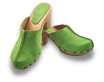Dina heels green clogs suede top