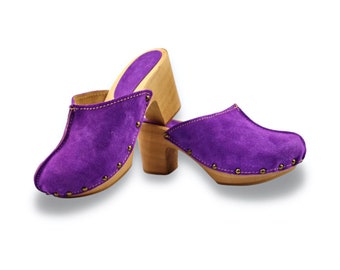 Dina heels purple clogs suede top