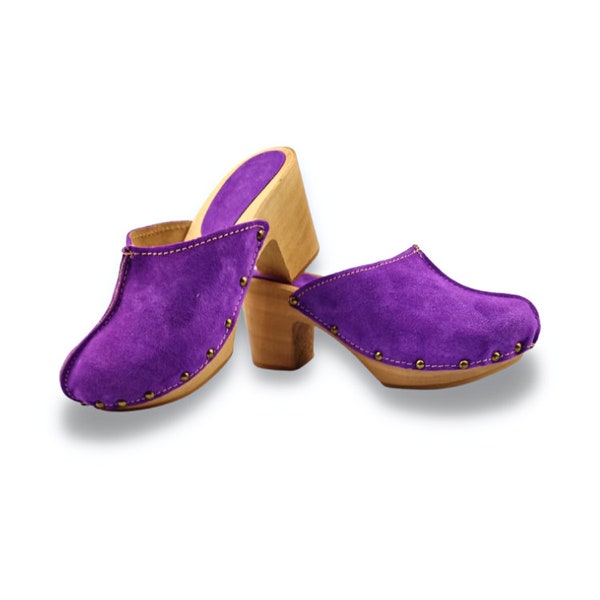 Dina heels purple clogs suede top