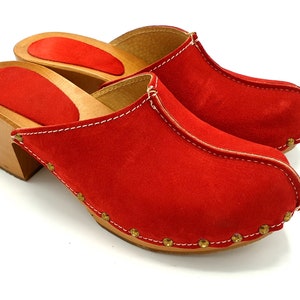 Dina heels red clogs suede top