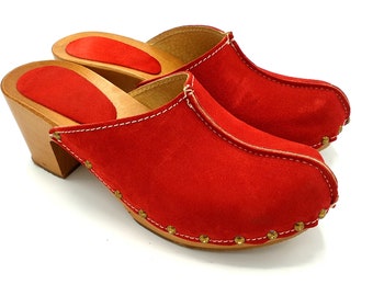 Dina heels red clogs suede top