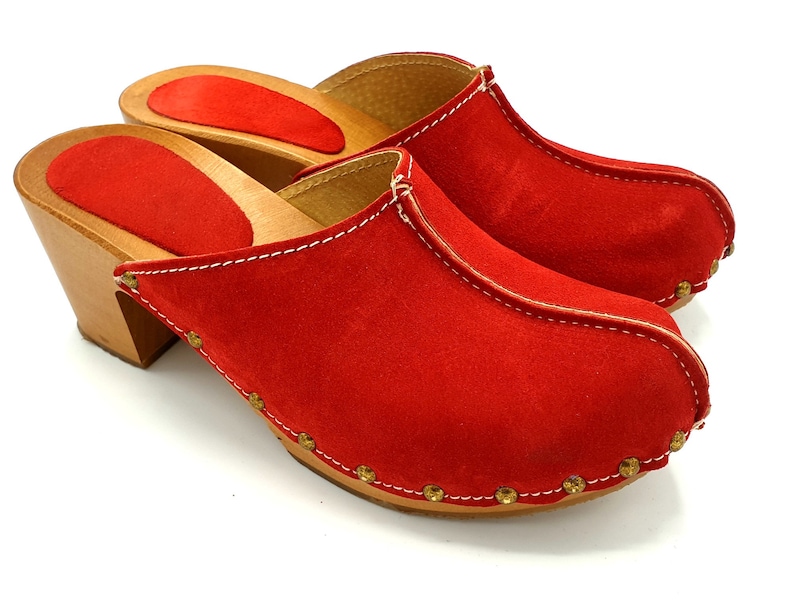 Dina heels red clogs suede top