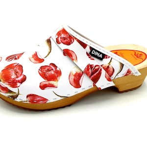 Dina clogs Red tulips Swedish clogs with leather hood