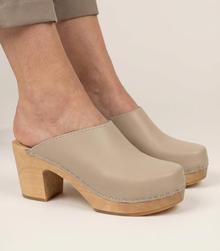 Scandinavian Clog Heels - Taupe Leather & Wooden Heel
