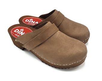 May include: A pair of brown leather clogs with a strap across the top. The clogs have a wooden sole and a small heel. The brand name "Dina Clogs" is printed on the side of the clogs.