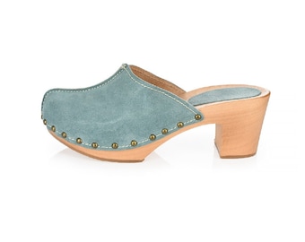 Tacones Dina zuecos verde menta top de ante