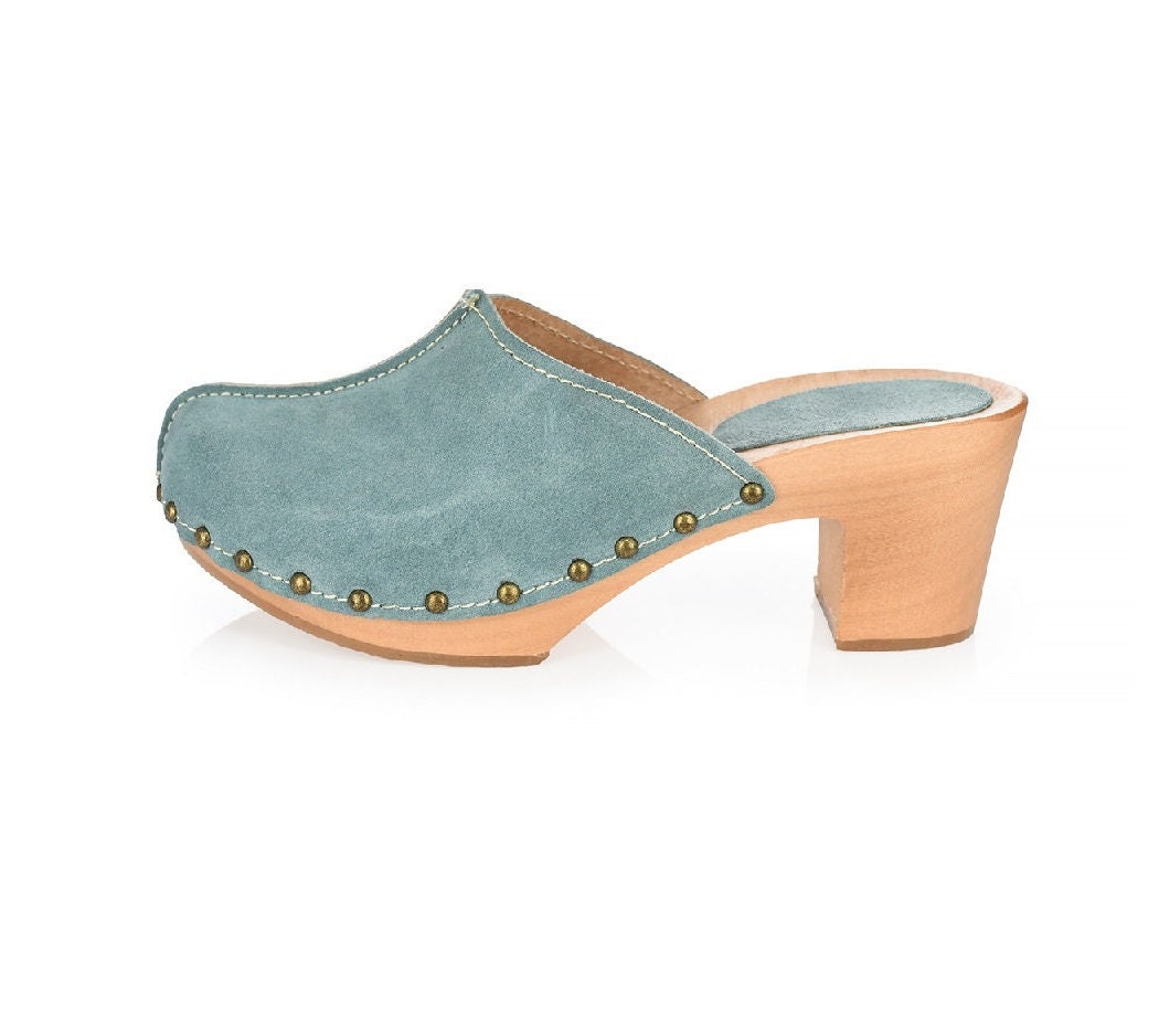 Dina Heels Mint Green Clogs Suede Top 