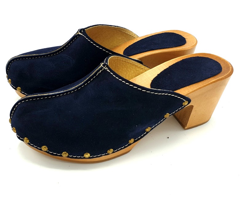 Dina heels blue clogs suede top