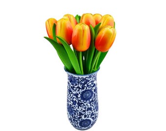 Wooden tulips in Delft blue vase - 10 tulips in orange color