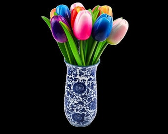 Élégance en fleurs : Vase en céramique avec tulipes en bois (10pcs)