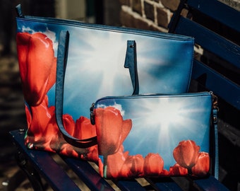 Ensemble de sacs sac à bandoulière en cuir synthétique grand et petit avec imprimé tulipes - tulipes allover avec soleil -