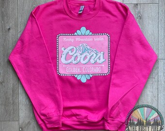 Rocky Mountain Water Beer Sweatshirt | Pink and Turquoise | Tee | Pink | Turquoise | Colorado |