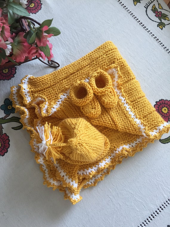 Bright Yellow Baby Blanket With Matching Booties and Hat Etsy