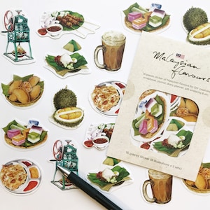 16 Adesivos de comida malaia ilustrada | Cartões postais | Pacote de adesivos BuJo | Papelaria | Adesivo de scrapbook