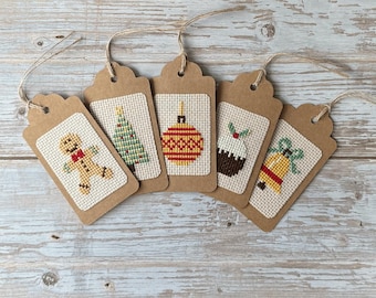 Christmas Cross Stitch Gift Tags Kit | Pack Of 5 Designs | Cross-stitch Kit | Pre-sewn Tags Also Available