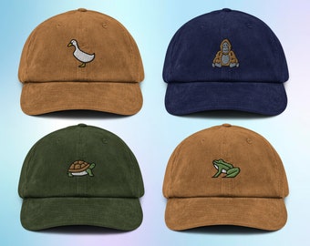 Corduroy Hat, Orangutan Hat, Duck Hat, Turtle Hat, Frog Hat, Embroidered Corduroy Dad Hat, Corduroy Cap, Adjustable Hat, Gift For Him