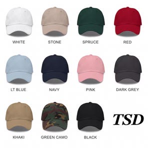 May include: Twelve different color baseball caps, including white, stone, spruce, red, light blue, navy, pink, dark grey, khaki, green camo, and black. The caps are arranged in a grid pattern on a white background. The word "TSD" is in the bottom right corner of the image.
