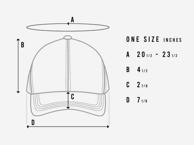 May include: A black and white line drawing of a baseball cap with measurements labeled A, B, C, and D. The measurements are in inches: A 20 1/2 to 23 1/2, B 4 1/2, C 2 7/8, and D 7 1/8.