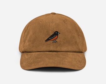 Baltimore Oriole Bird Hat, Blackbird Embroidered Cap, Corduroy Wildlife Embroidery, Cord Nature Hat, North American Bird Gift, Twitcher Gift