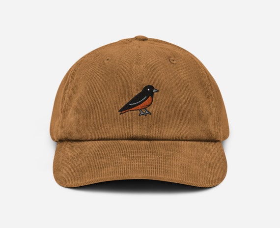 Baltimore Oriole Bird Hat, Blackbird Embroidered Cap, Corduroy Wildlife Embroidery, Cord Nature Hat, North American Bird Gift, Twitcher Gift