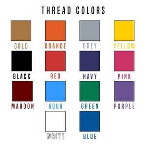 May include: A chart showing thread colors with the names of each color: gold, orange, grey, yellow, black, red, navy, pink, maroon, aqua, green, purple, white, and blue.