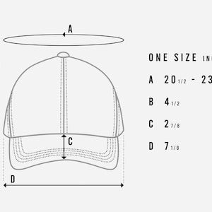 May include: A black and white line drawing of a baseball cap with measurements labeled A, B, C, and D. The measurements are in inches: A 20 1/2 to 23 1/2, B 4 1/2, C 2 7/8, and D 7 1/8.