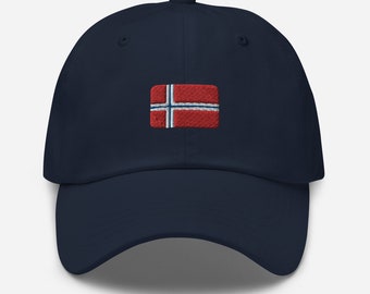 May include: A navy blue baseball cap with an embroidered Norwegian flag on the front.