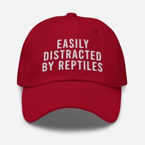 May include: Red baseball cap with white embroidered text that reads "EASILY DISTRACTED BY REPTILES".