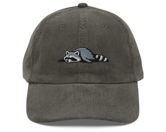 Waschbär-Cord-Hut, Gestickter Dad-Hut, Waschbär-Liebhaber-Geschenk, lustiger fauler Waschbär-Hut, Wildlife Kappe, im Freienhut, Neuheit-Schnur-Hut