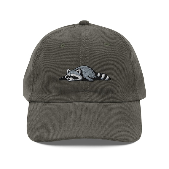 Raccoon Corduroy Hat, Embroidered Dad Hat, Raccoon Lover Gift, Funny Lazy Raccoon Hat, Wildlife Cap, Outdoor Hat, Novelty Cord Hat