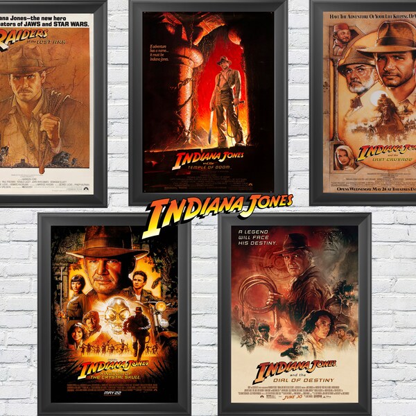 Indiana Jones Movie Posters 12" x 18" Raiders of the Lost Ark, Temple of Doom, The Last Crusade, Crystal Skull, Dial of Destiny