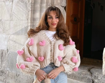 Heyays, Love Cardigan, Heart Knitwear, Valentines Day Knitwear, Heart Cardigan, Handmade Knitwear, Chunky Heart Knitwear, Beige Cardigan