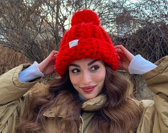 Heyays | Red Chunky Knit Winter Beanie with Pompom | Handmade | Merino Wool