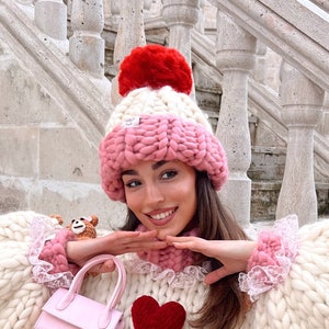 Heyays Chunky Knit Winter Beanie with Pompom Handmade Merino Wool Pink Beanie image 1