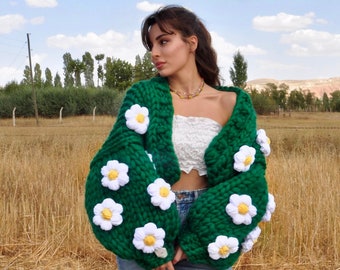 Heyays | Green Daisy Knit Cardigan | Handmade | Valentine's Day Gift | Oversized Chunky Knitwear | Floral Cardigan | Winter Cottagecore