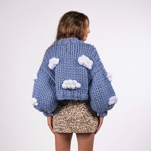 Cloud Hand-Knitted Cardigan, 100% Merino Wool, Blue Knit Cardigan with 3D Crochet Clouds, Warm Handmade Wool Cardigan – Heyays
