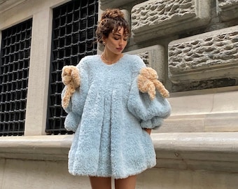 Heyays | Blue Fluffy Plush Dress | Hand-knitting Dress | Balloon Sleeve Dress | Faux Fur Dress