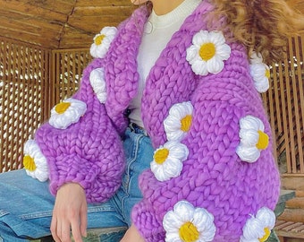 Heyays | Lilac Daisy Knit Jacket | Chunky Knitwear | Christmas Gift For Women l Handmade | Oversized Floral Cardigan | 3D Fluffy Flowers