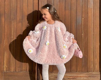 Heyays | Daisy Fluffy Plush Dress | Handmade | Hand Knitting Dress | Faux Fur Girl Dress | Balloon Sleeves Pink Dress | Girls' Dresses