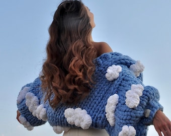 Heyays | Cloud Knit Cardigan | Chunky Knitwear | Handmadel Oversized Cardigan | 3D Fluffy Clouds | Balloon Sleeves | Cottagecore