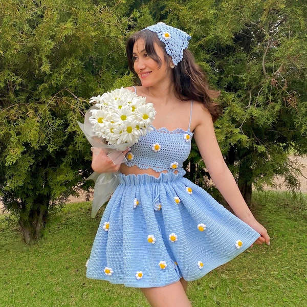 Heyays | Daisy Summer Set | Cottagecore Dress | Crochet Set | Handmade | Aesthetic Blue Summer Dress | Circle Skirt | Floral Dress