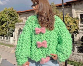 Heyays | Bubblegum Handgestrickte Strickjacke, Grüne Strickjacke, Harajuku-Stil, japanischer Stil, bunte Strickjacke, Schleifen-Cardigan, geknöpfte Strickjacke