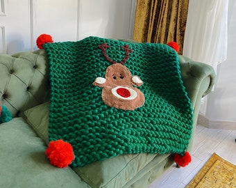 Heyays, Christmas Gift Ideas, Wool Christmas Blanket, Deer Blanket, Chunky Knit Blanket, Christmas Decor for Home, Christmas Blanket