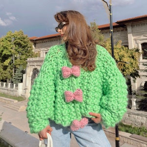 Heyays Bubblegum Handknitted Cardigan, Green Cardigan, harajuku style, Japanese style, colorful knitwear, bow cardigan, buttoned cardigan image 1