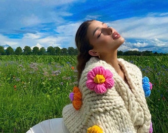 Handmade Merino Wool Floral Cardigan: Chunky Cottagecore Knitwear