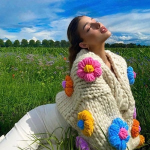 Heyays | Bloom Knit Cardigan | Chunky Knitwear | Handmade l Oversized Floral Cardigan | Gift for Women | cottagecore style