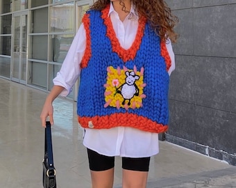 Heyays | Oversized Sheep Vest | Handmade | Merino Wool | Chunky Knit | Super Cute Clothes | Harajuku Style | Korean Style